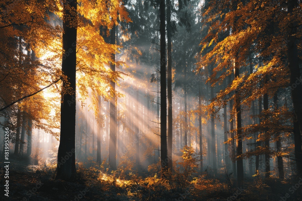 Fototapeta premium Forest of tall trees with golden leaves and dramatic sun rays.