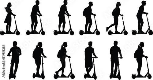 Black Silhouette of People Riding Electric Kick Scooters, Urban Commuters Using Modern Eco-Friendly Transport, Isolated Vector Illustration Set for City Mobility and Green Energy