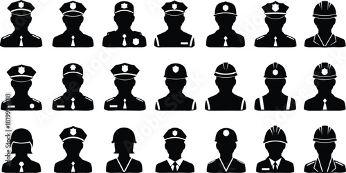 Black Silhouette of Police Officers and Construction Workers, Public Safety Personnel and Engineers Wearing Uniforms, Isolated Vector Icon Set for Jobs, Occupations, and Avatars