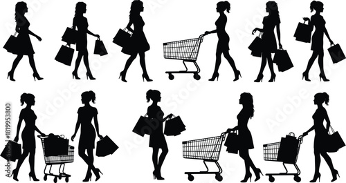 Black Silhouette of Stylish Women Shopping with Bags and Carts, Female Customers Carrying Purchase Bags in Various Poses, Isolated Vector Illustration Set for Retail, Sales, and E-commerce