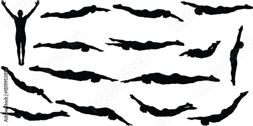 Black Silhouette of Swimmers and Divers in Various Action Poses, Athletic People Swimming Underwater and Diving, Isolated Vector Illustration Set for Sports, Water Activities, and Fitness
