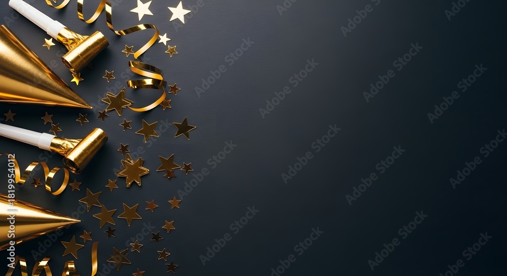 Naklejka premium Elegant new year s eve celebration with golden party favors and confetti on dark background