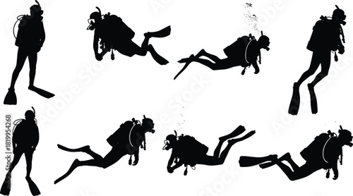 Black silhouette vector illustration set featuring various poses of scuba divers underwater, with gear, flippers, and air bubbles, symbolizing tropical summer recreation and marine exploration.