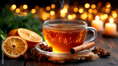 Sip comforting warmth from a steaming cup of spiced tea surrounded by festive bokeh lights and natural holiday ingredients
