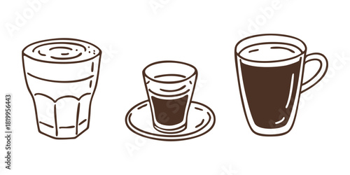 Hand drawn outline coffee drinks set with raf glass, espresso cup with saucer and americano mug. Vector doodle illustration. 