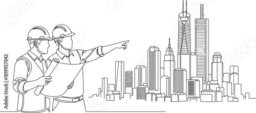 Continuous one-line drawing of two construction engineers or architects discussing blueprint plans and pointing at a modern city skyline, vector illustration isolated.