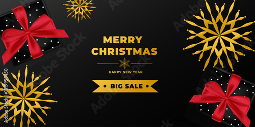 Christmas and New Year sale banner. Black Background Xmas design of present box with golden snowflakes for winter holiday offer, discount. Vector. Top view