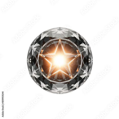 3D Glassmorphism Star Icon: Frosted Crystal Ball Quality and Rank Symbol With Transparent background.