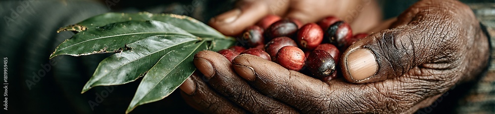 Obraz premium a close-up view of a human hand holding a handful of red berries and green leaves.