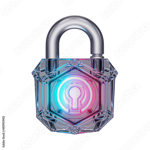 3D Glassmorphism Security Lock Icon with Multicolor Neon Glow: Crystal UI Padlock With transparent background. 