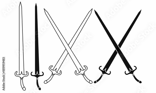 Arab sword or saif sometimes called a shamshir icon set, outline and silhouette, crossed blades, logo, game,emblem, design.