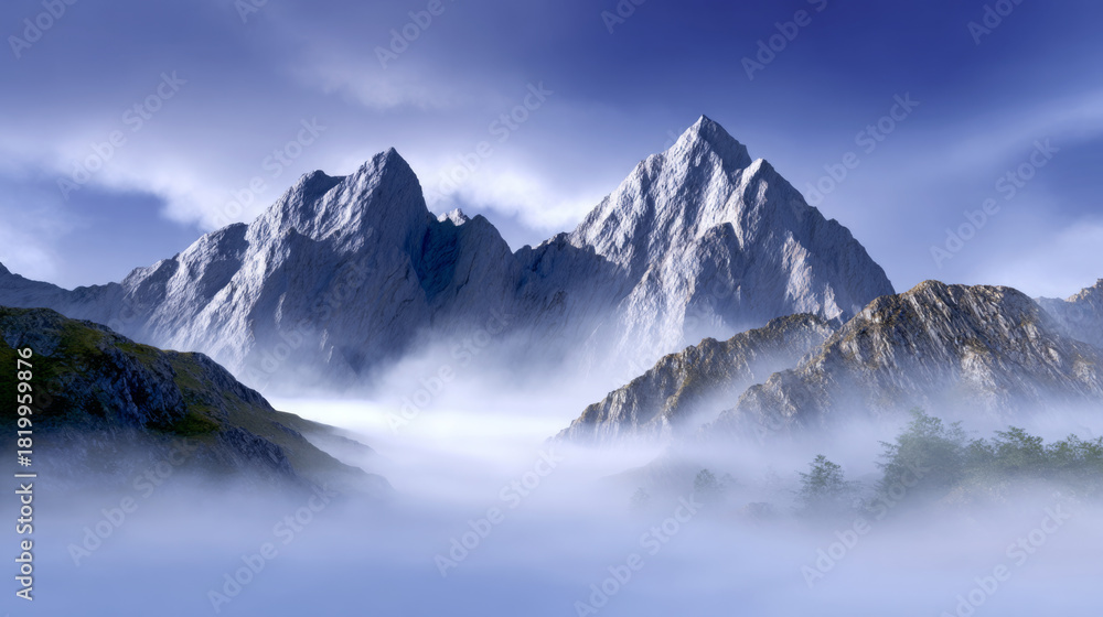 custom made wallpaper toronto digitalMajestic mountain peaks rise above a blanket of mist, creating a serene landscape with soft clouds and vibrant greenery, embodying the beauty of nature's untouched wilderness