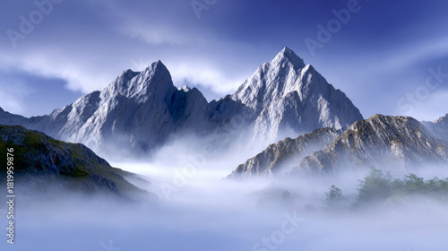 Wallpaper Mural Majestic mountain peaks rise above a blanket of mist, creating a serene landscape with soft clouds and vibrant greenery, embodying the beauty of nature's untouched wilderness Torontodigital.ca