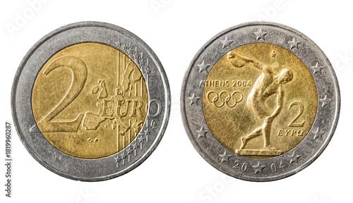 Isolated photo of 2 euro Greece 2004 coin on white background. Discus thrower Olympic games coin.