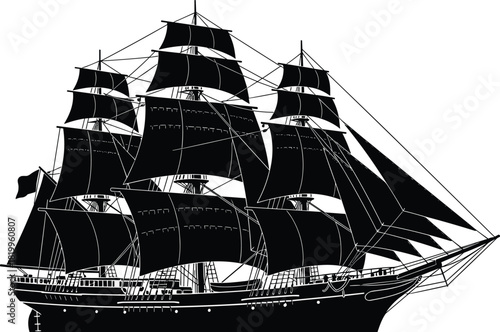 Historical black silhouette vector illustration of a magnificent clipper ship or tall sailing vessel, full-rigged on the high seas, representing adventure and nautical travel.
