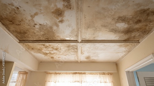 Interior ceiling stained and dirty from water leak and moisture damage