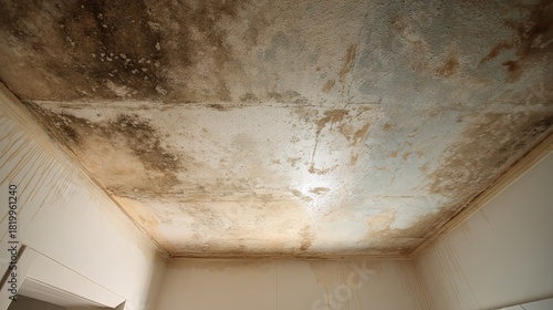 Interior ceiling stained and dirty from water leak and moisture damage