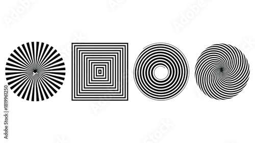 Four abstract optical illusion designs with black and white stripes
