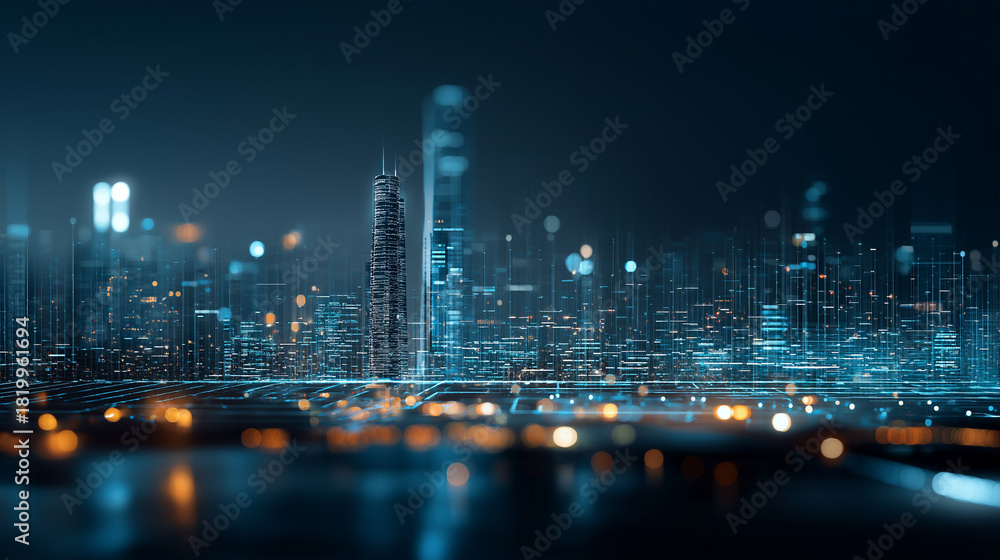 Fototapeta premium Blurred smart city interface overlay on urban night skyline background