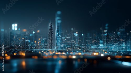 Blurred smart city interface overlay on urban night skyline background