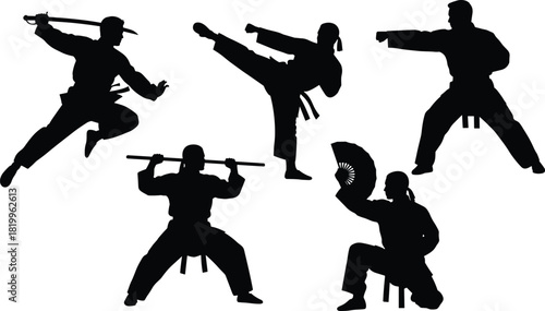 Martial Arts and Combat Silhouettes Set, Showing People with Katana, Bo Staff, Fan, and Karate Kicks, Representing Fighting, Training, and Asian Culture VectorMartial Arts and Combat Silhouettes Set, 