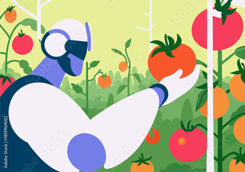 Futuristic Robot Harvests Ripe Tomatoes in Lush Garden
