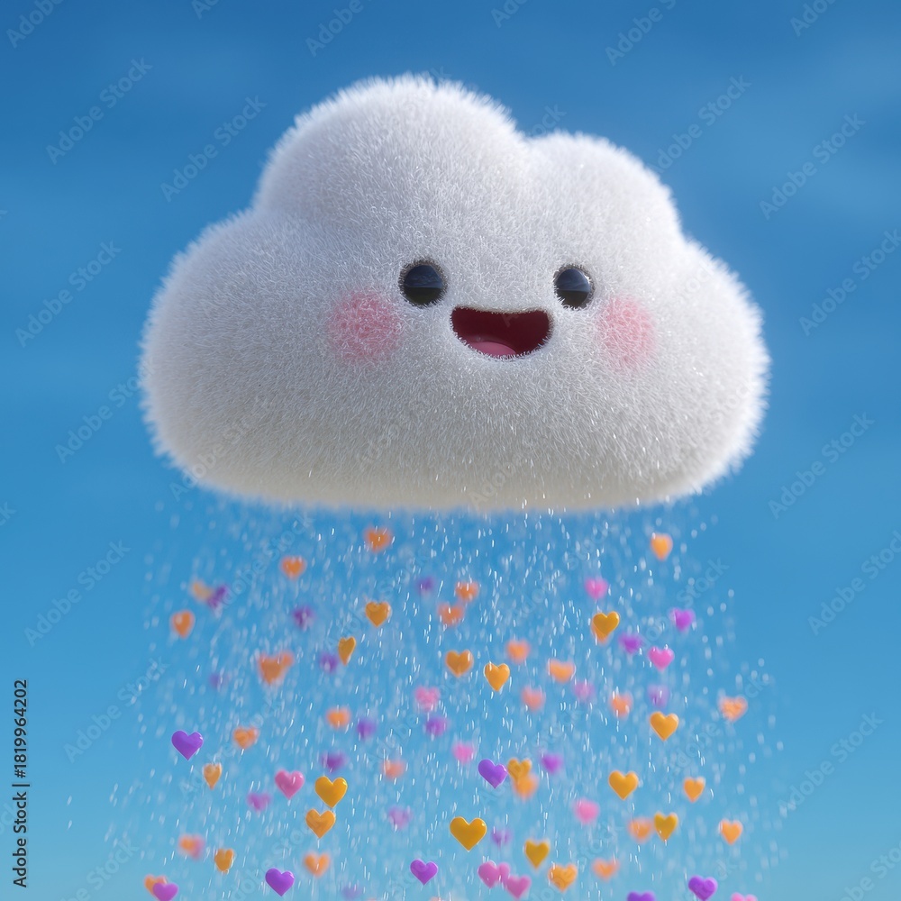 Fototapeta premium Adorable Animated Cloud Showering Hearts, Smiling on Blue Sky Background.