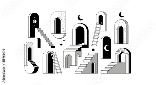 Minimalist Abstract Staircases and Doorways with Lunar Accents Illustration