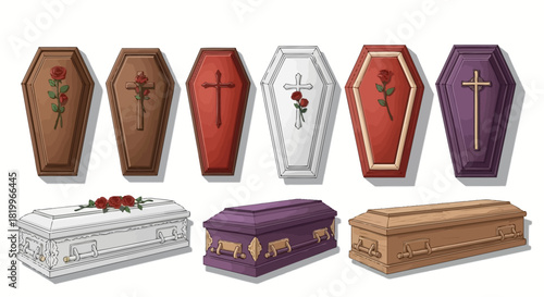 A diverse collection of beautifully illustrated coffins and caskets, featuring various designs, colors, and symbolic motifs for funeral arrangements and commemorating a life well-lived