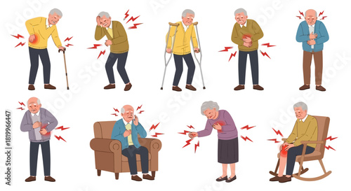 Elderly People Experiencing Pain A Collection of Illustrations Depicting Various Ailments
