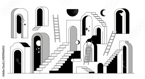 Monochrome abstract illustration of a surreal architectural dreamscape. Featuring whimsical arches, winding stairs, and celestial motifs, evoking mystery and imagination