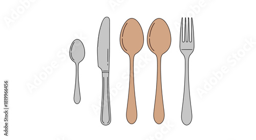 Clean line art illustration showcasing a collection of essential dining cutlery, featuring a knife, fork, and various spoons, meticulously arranged for culinary and household designs