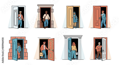 A diverse collection of individuals entering and leaving through various doorways, symbolizing life's transitions, opportunities, and new beginnings