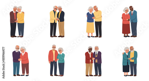 Diverse Elderly Couples in Vector Art Portrayals of Love, Companionship, and Joyful Aging