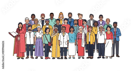 A large, diverse assembly of multi-ethnic men and women, symbolizing community, teamwork, and social inclusion across various ages and backgrounds