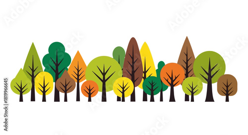 Vibrant and diverse collection of stylized trees in an abstract forest illustration, showcasing a variety of shapes and autumnal colors for nature-themed designs and environmental concepts