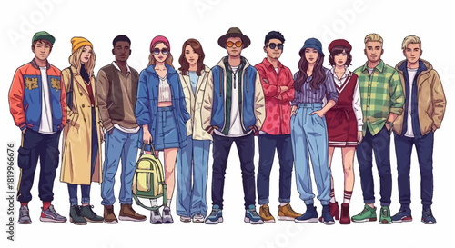 Diverse Group of Young Adults in Stylish Streetwear Outfits