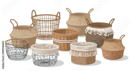 An assorted collection of stylish, handcrafted storage and decorative baskets, showcasing a variety of textures, materials, and designs perfect for modern home organization and aesthetic appeal