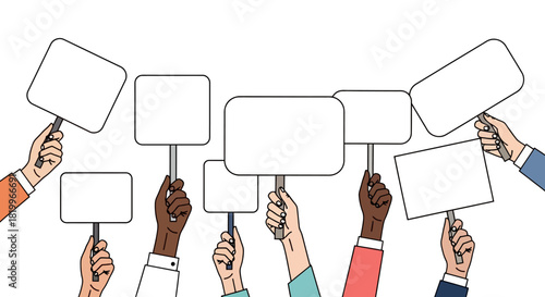 A diverse group of people raising blank signs and placards in a demonstration or protest for awareness and change