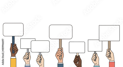 United in purpose, diverse hands raise blank placards, symbolizing collective voice, social activism, public expression, and the power of protest