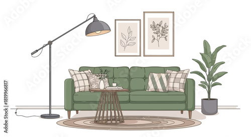 An inviting illustration of a modern living room interior featuring a comfortable green sofa, a stylish floor lamp, and botanical decor