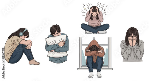 Emotional illustrations depicting various individuals grappling with sadness, anxiety, and distress, showcasing the introspective journey and challenges of mental well-being