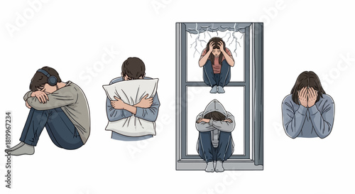 A set of illustrations depicting individuals experiencing sadness, loneliness, and depression, a conceptual representation of mental health struggles and emotional distress