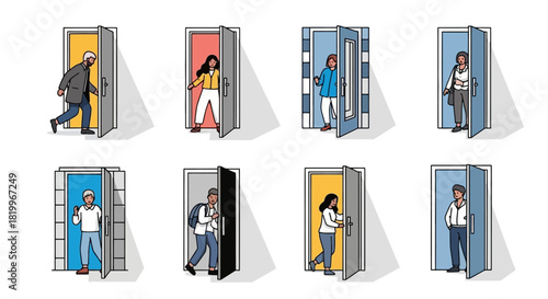 Diverse individuals navigating open doorways, symbolizing concepts of new beginnings, opportunities, entry, exit, and the daily journey through life's various paths and choices