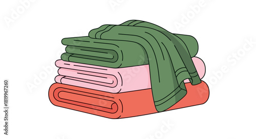 Simple line art illustration of a pile of clean, folded laundry towels in green, pink, and orange, representing household chores, cleanliness, and comfort