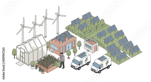 Eco-friendly concept showing a self-sufficient system with clean energy from wind and solar power for farming and electric vehicles