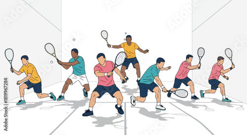 Dynamic squash action scene with diverse male athletes competing intensely on an indoor court, showcasing agility and powerful racket sports moves