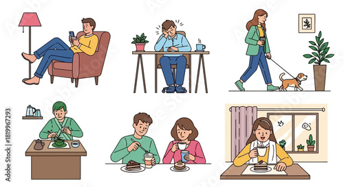 Illustrative scenes of diverse people engaged in everyday activities relaxing, working, walking a dog, eating, and drinking. Capturing a range of daily lifestyle moments and routines