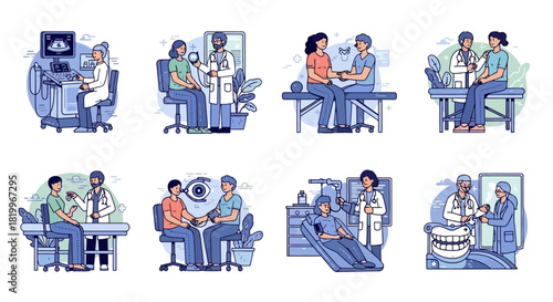 A comprehensive set of illustrations depicting various medical consultations, including prenatal check-ups, dental exams, and general practitioner appointments