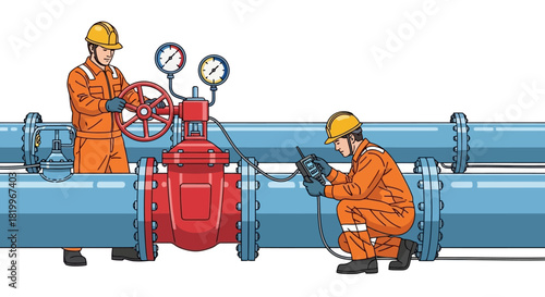 Industrial workers inspecting and operating a large valve and pipeline system, representing maintenance and operational control in heavy industry